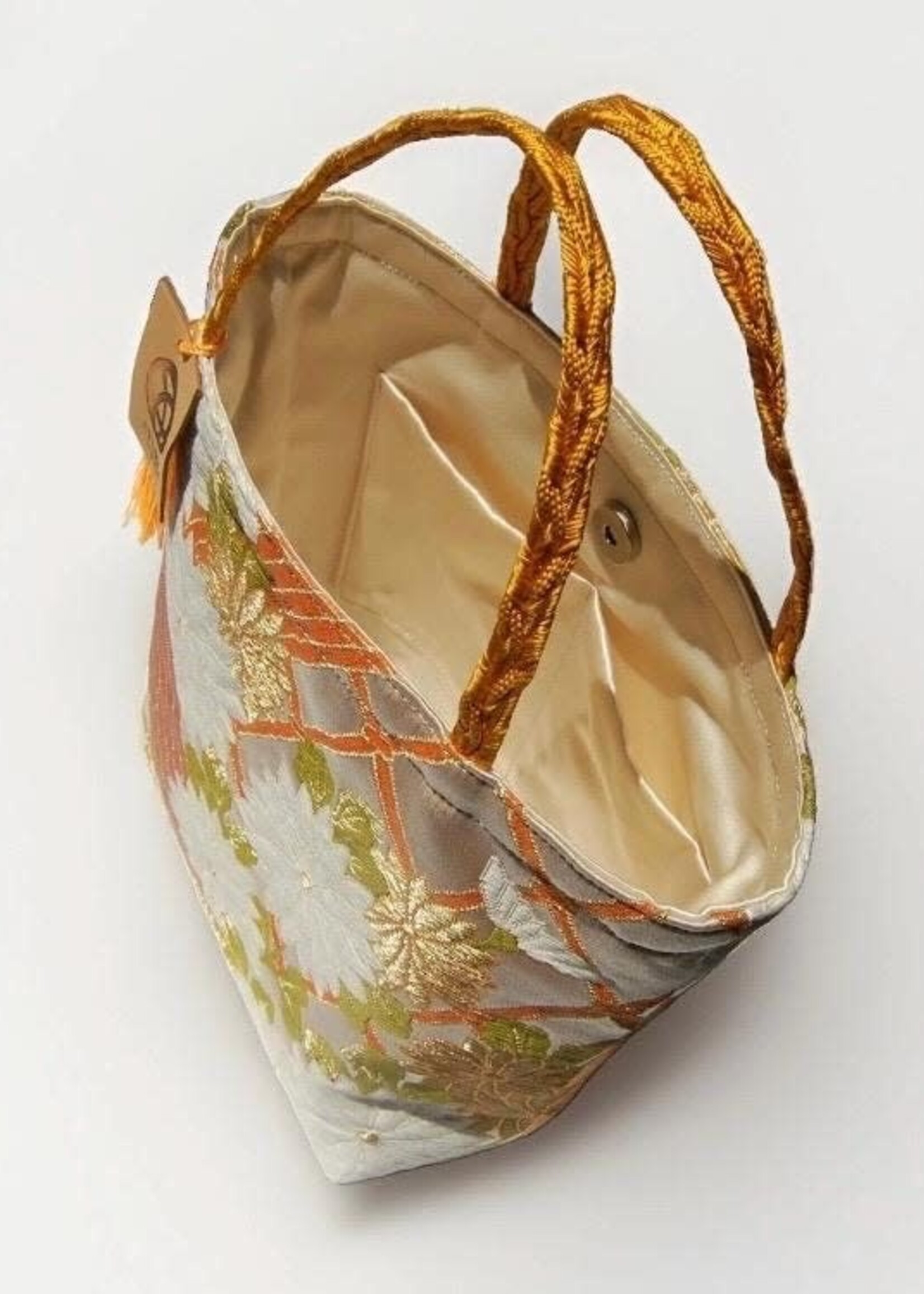 Ayuko Tokyo Handmade vintage Obi silk tote, white, green and gold chrysanthemum