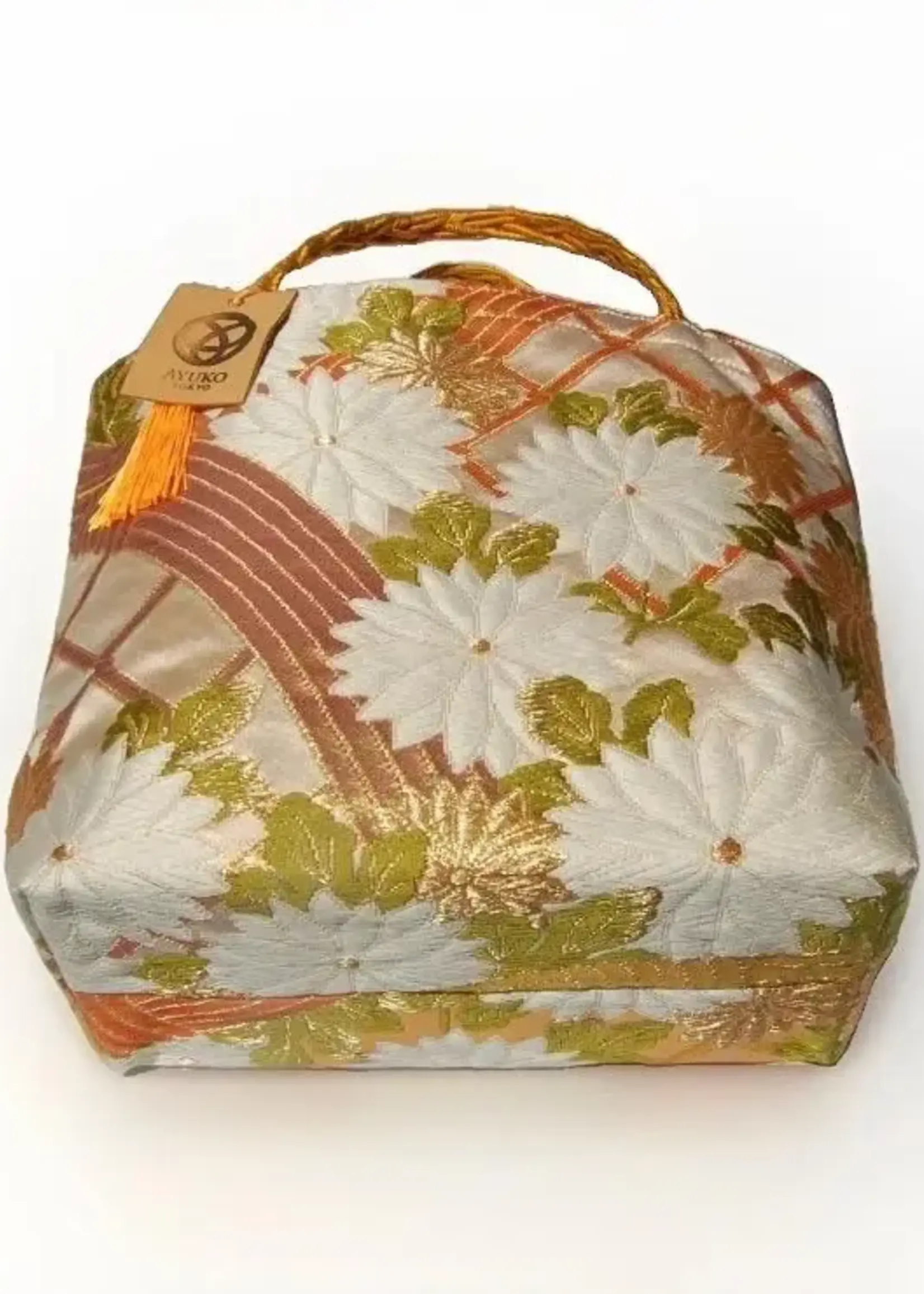 Ayuko Tokyo Handmade vintage Obi silk tote, white, green and gold chrysanthemum