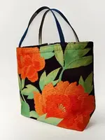 Ayuko Tokyo Handmade Vintage Obi silk tote, Peony Navy and Orange