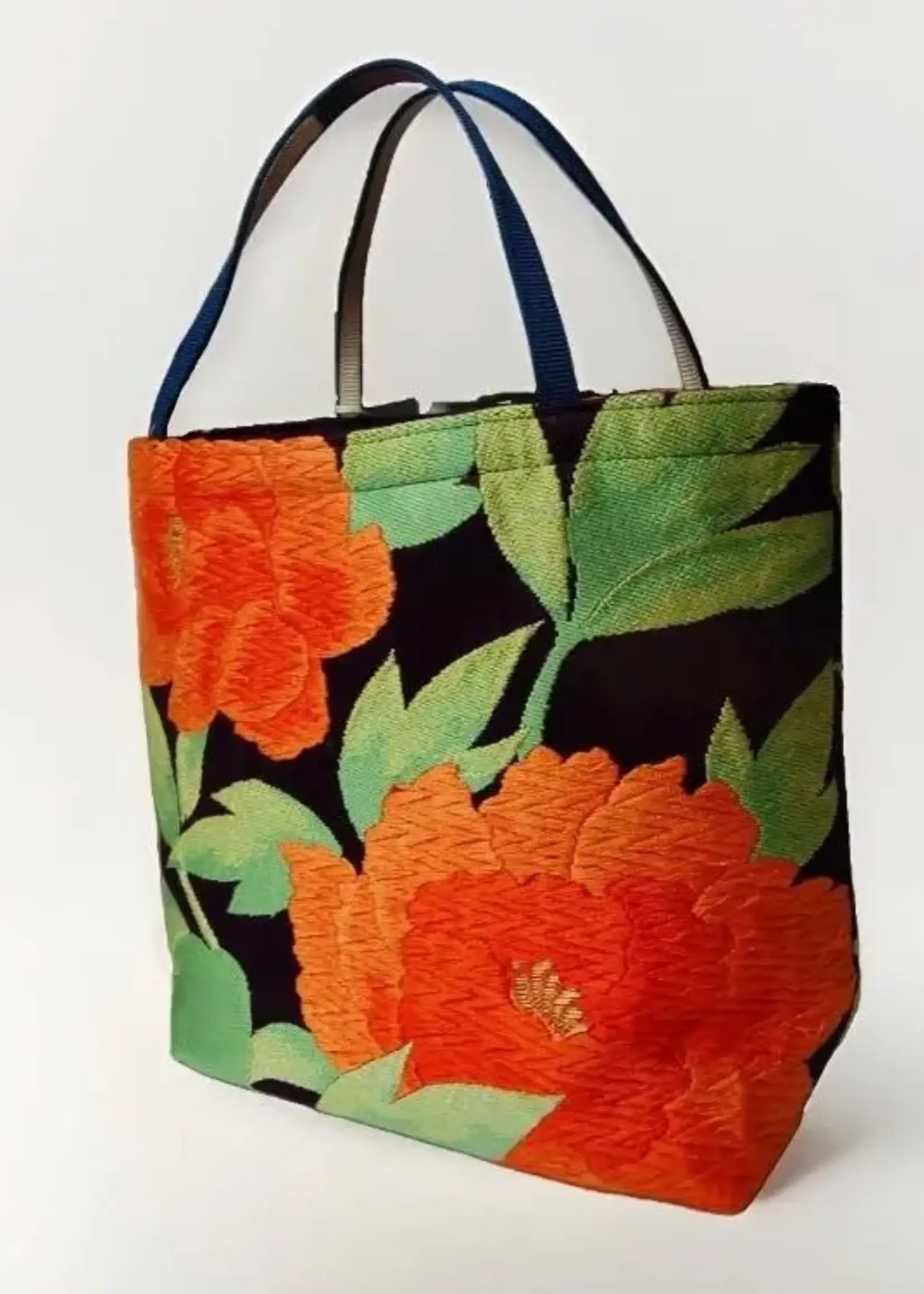 Ayuko Tokyo Handmade Vintage Obi silk tote, Peony Navy and Orange