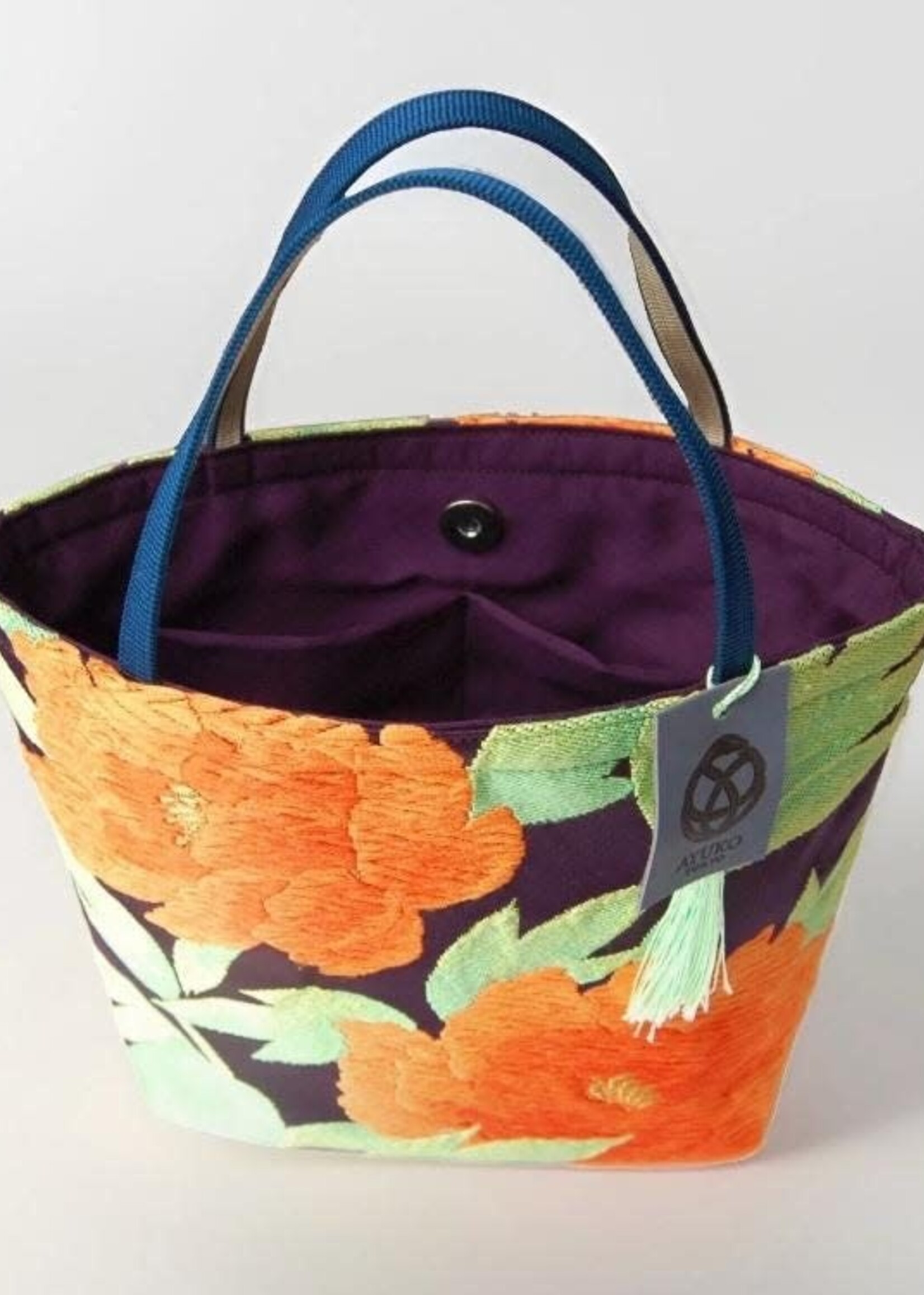 Ayuko Tokyo Handmade Vintage Obi silk tote, Peony Navy and Orange