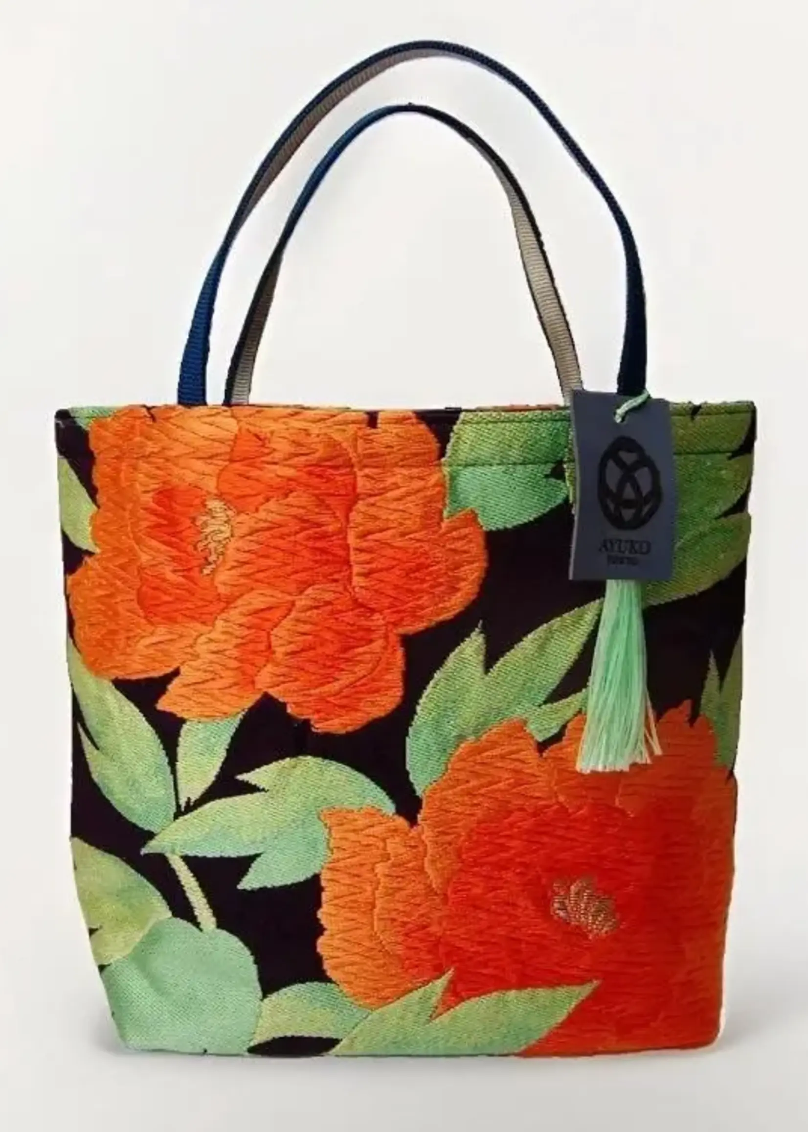 Ayuko Tokyo Handmade Vintage Obi silk tote, Peony Navy and Orange