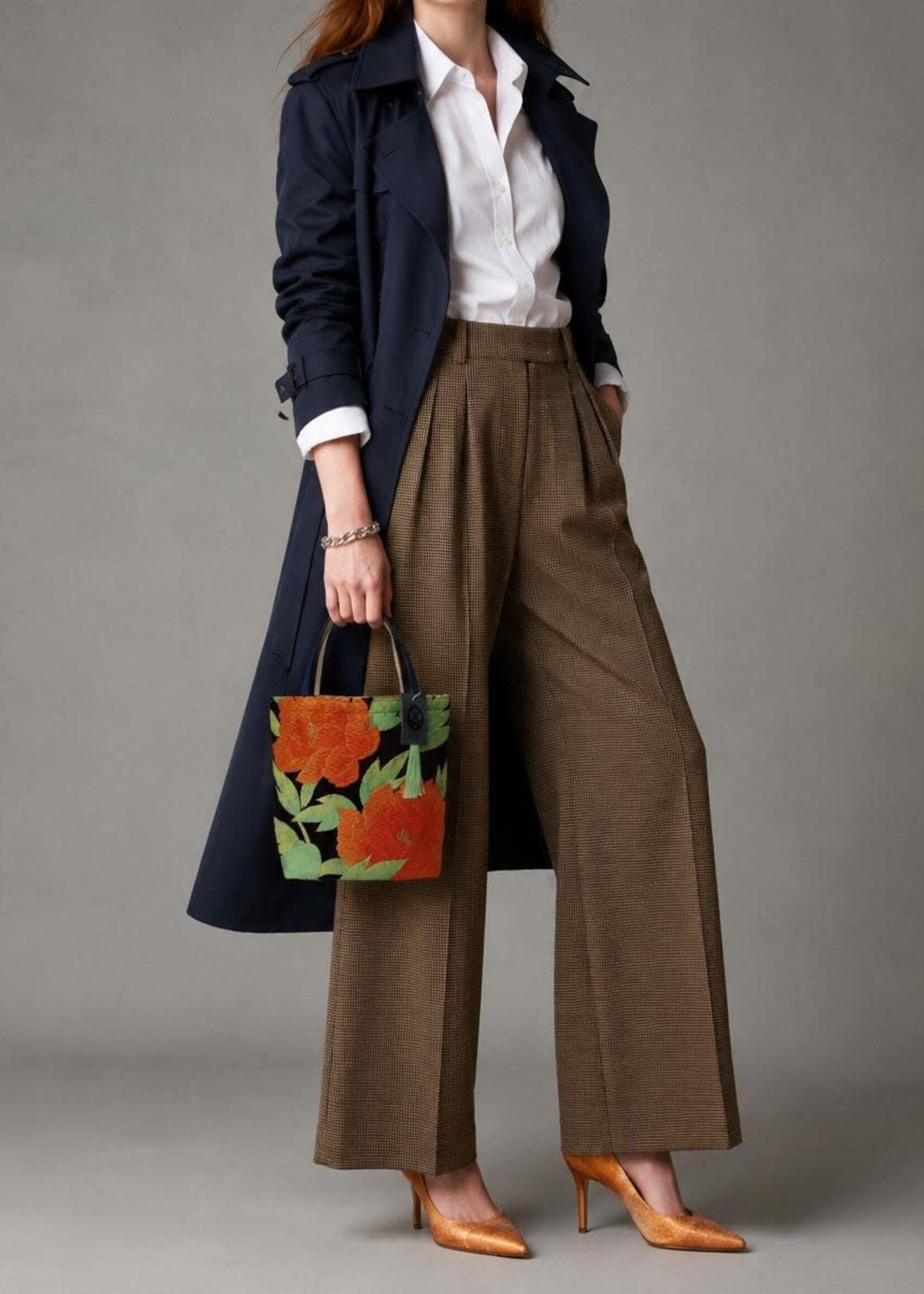 Ayuko Tokyo Handmade Vintage Obi silk tote, Peony Navy and Orange