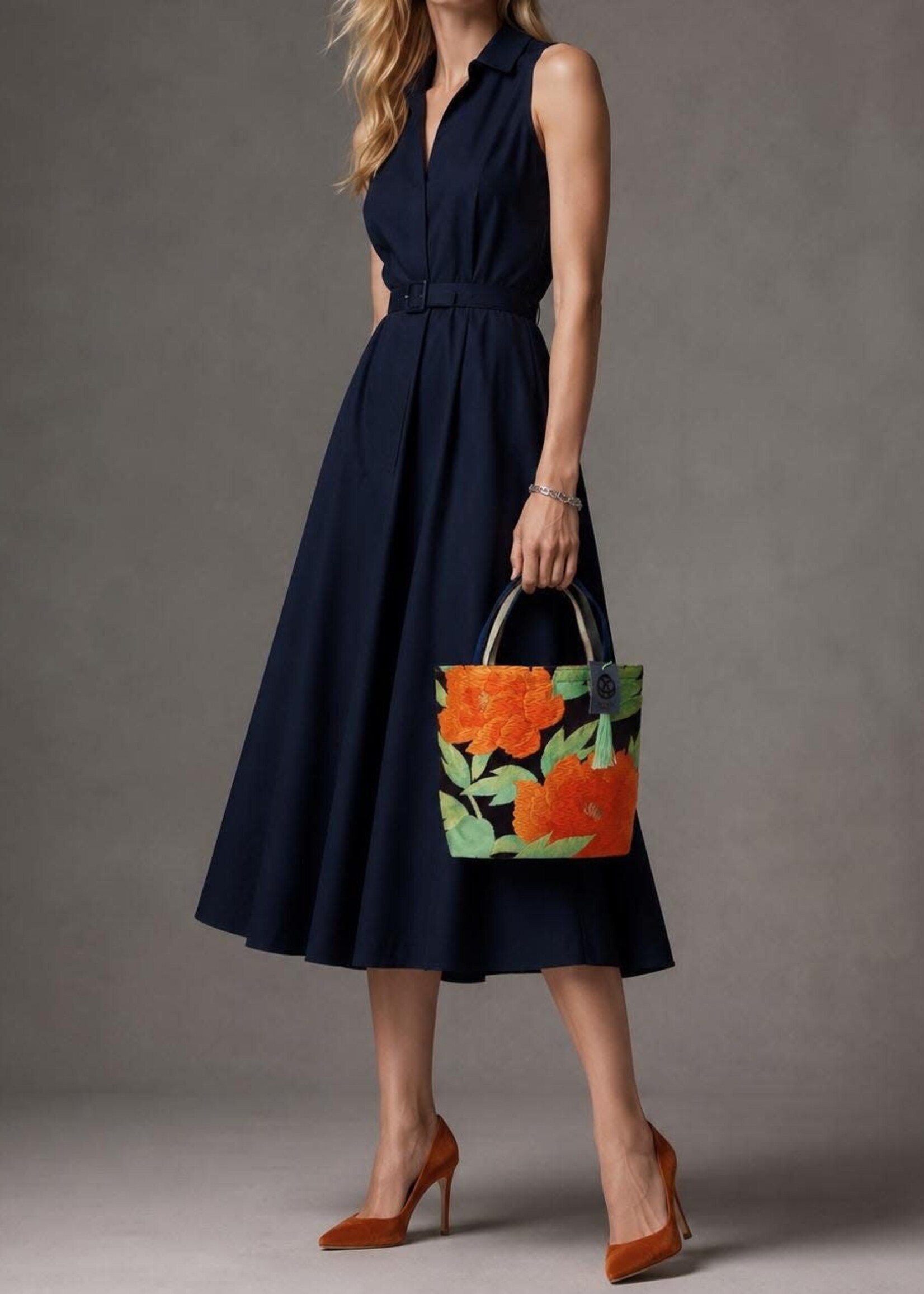 Ayuko Tokyo Handmade Vintage Obi silk tote, Peony Navy and Orange
