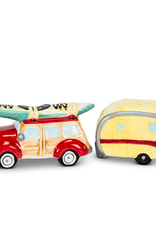 Car and Camper w/ Surf Board Salt & Pepper