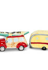 Woody Car and Camper with Surfboard Salt & Pepper