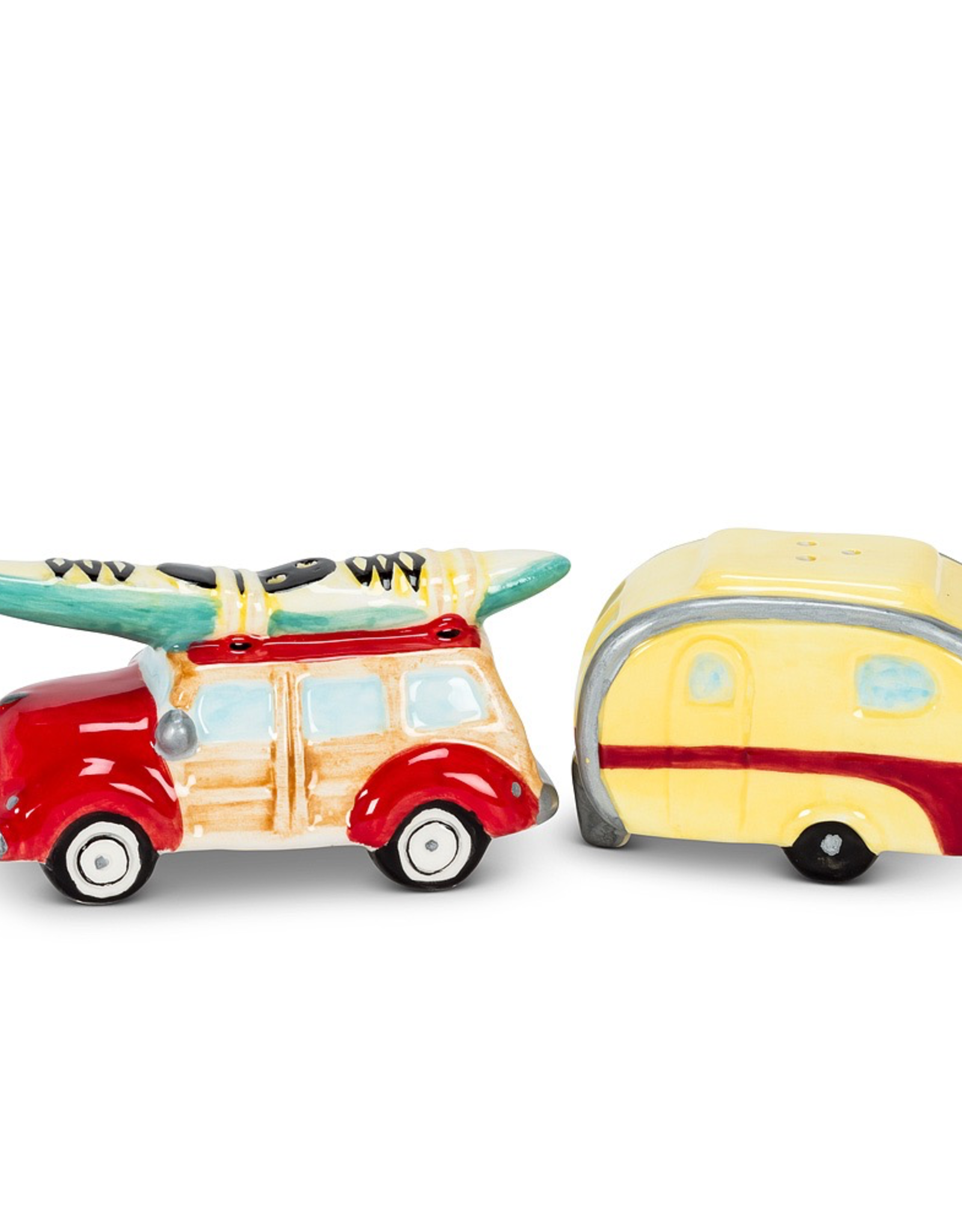 Car and Camper w/ Surf Board Salt & Pepper