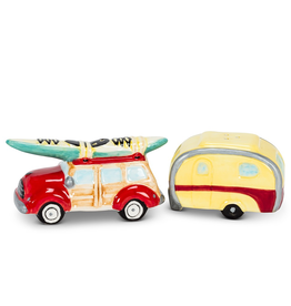 Car and Camper w/ Surf Board Salt & Pepper