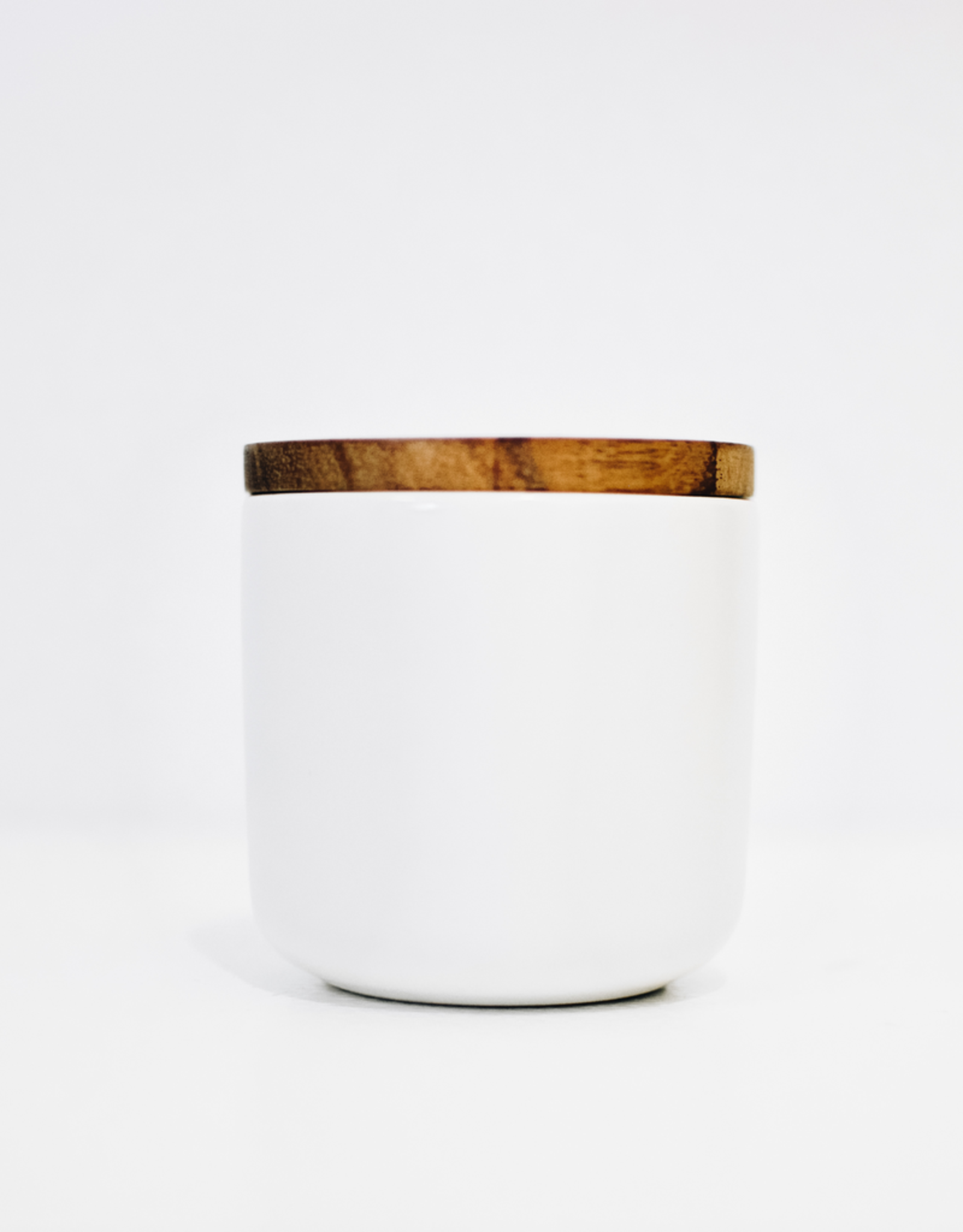 Medium White Stoneware Container with Acacia Lid D4" H3.75"