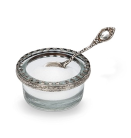Salt Cellar, Round Glass With Silver  Spoon
