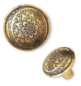 Brass Knob with Engraved Yellow Flower Pattern