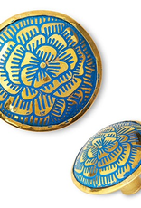 Brass Knob with Engraved Blue Flower Pattern