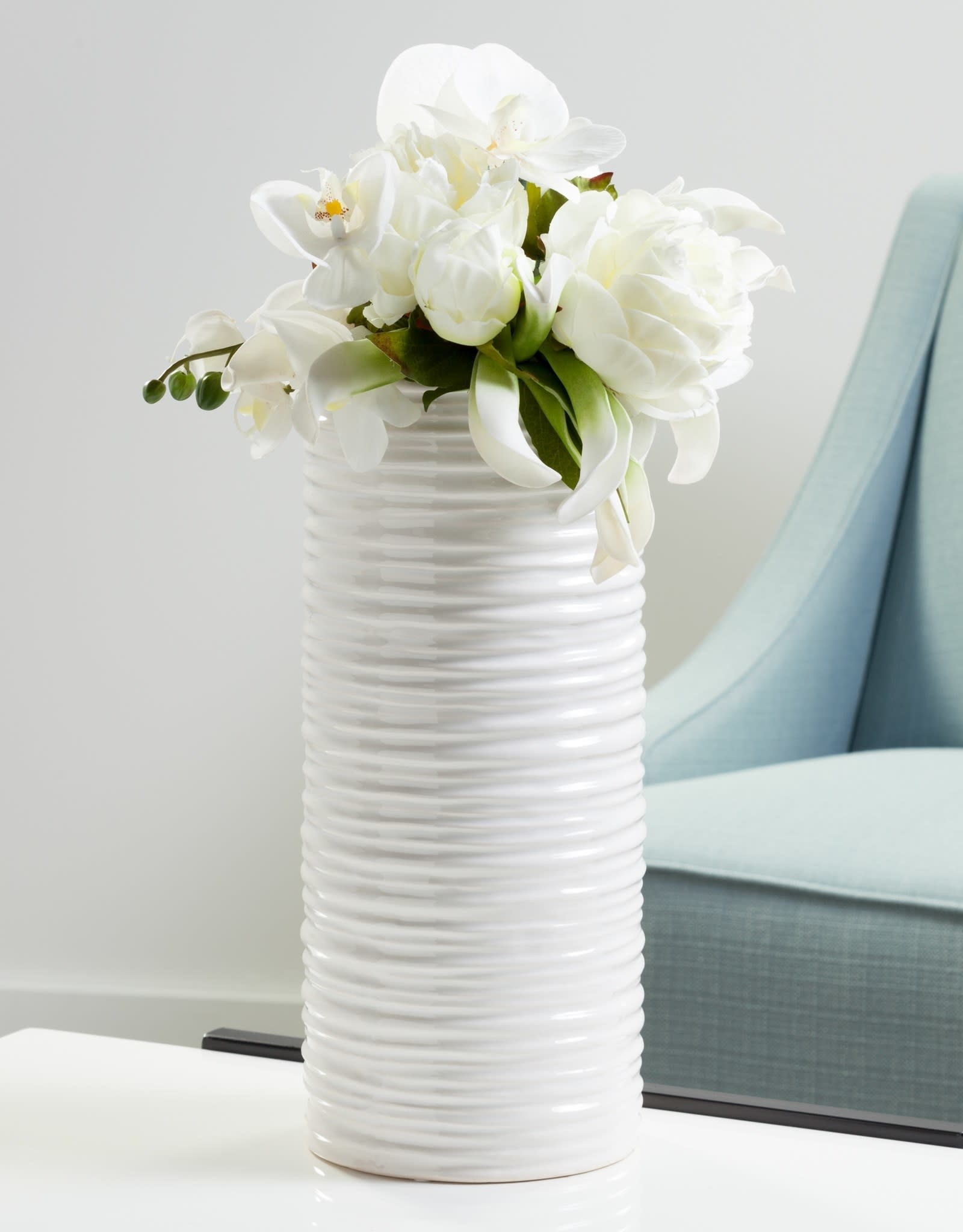 White Ripple Ceramic Cylinder Vase H13.75"