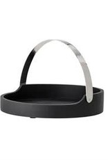 Black Round Acacia Wood Tray with Adjustable Nickel Finish Handle D13.75”