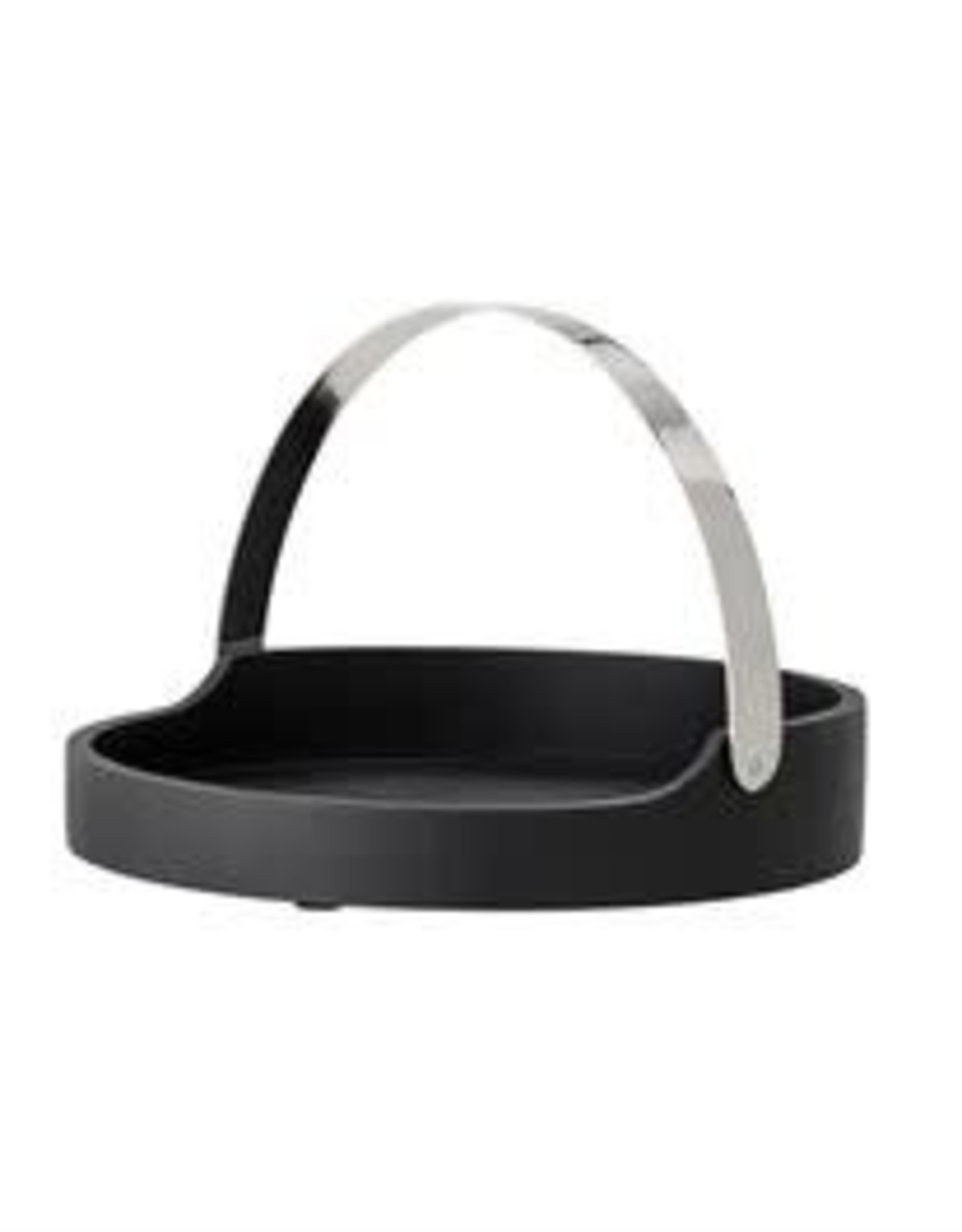 Black Round Acacia Wood Tray with Adjustable Nickel Finish Handle D13.75”