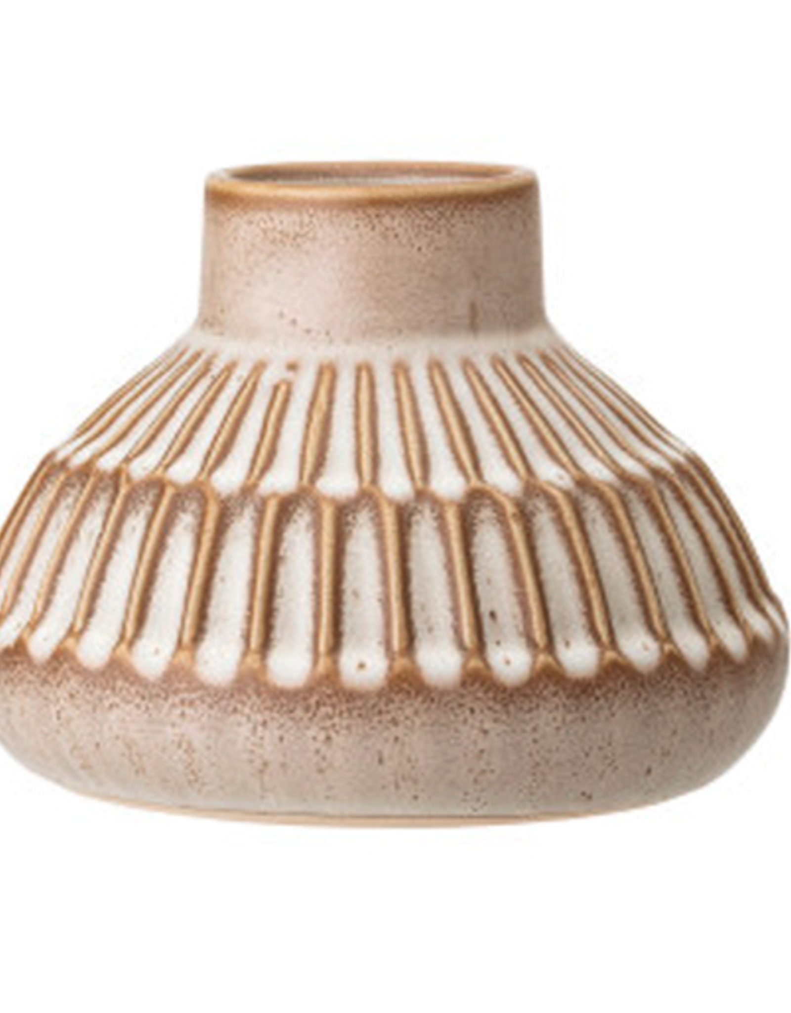 Cream and Brown Reactive Glaze Stoneware Vase D6" H4.5"
