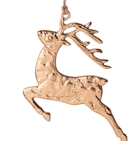 Shiny Gold Metal Leaping Reindeer Ornament H4"