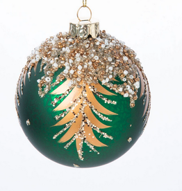 Matte Green with Gold Fire Branch Pattern and Beads Ball Ornament 3"