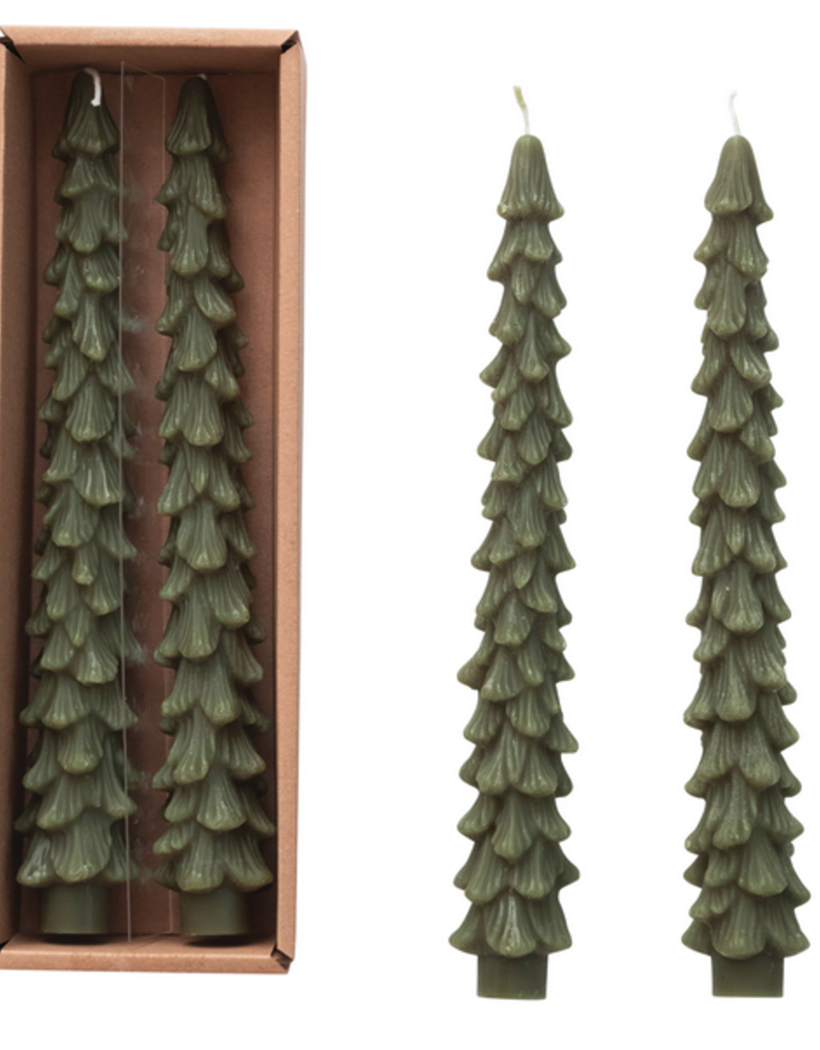 Large Evergreen Tree Shaped Taper Candles H10" 10 Hours - Box of 2