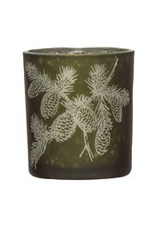 Small Green Etched Pinecones Glass Candle Holder H3"