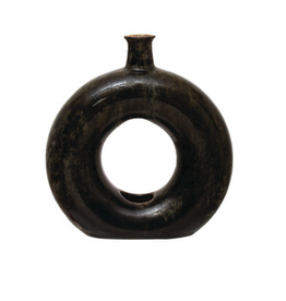 Olive Green and Black Open View Circle Vase H7.75"