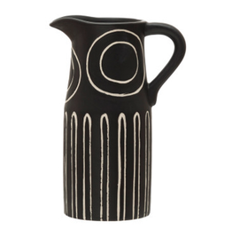 Black and White Stoneware Pitcher with Debossed Design H6.75"