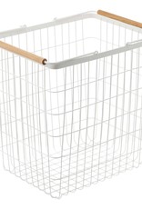 Large White Metal Rectangular Basket with Wooden Handles