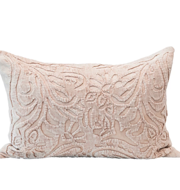 Cream Cotton Velvet Lumbar Pillow with Cutwork L24" W16"