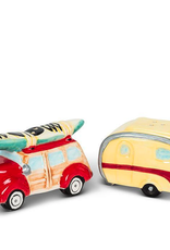 Car and Camper w/ Surf Board Salt & Pepper