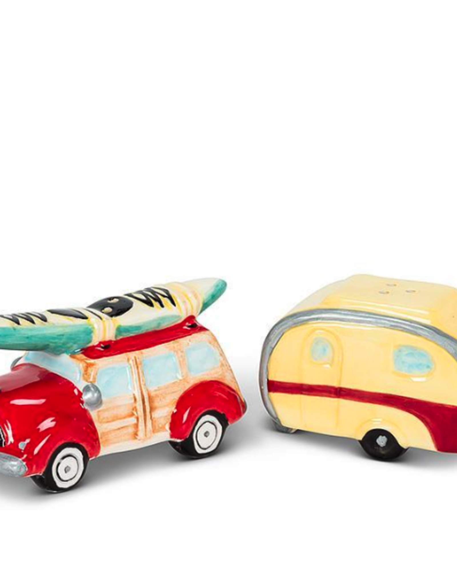 Car and Camper w/ Surf Board Salt & Pepper