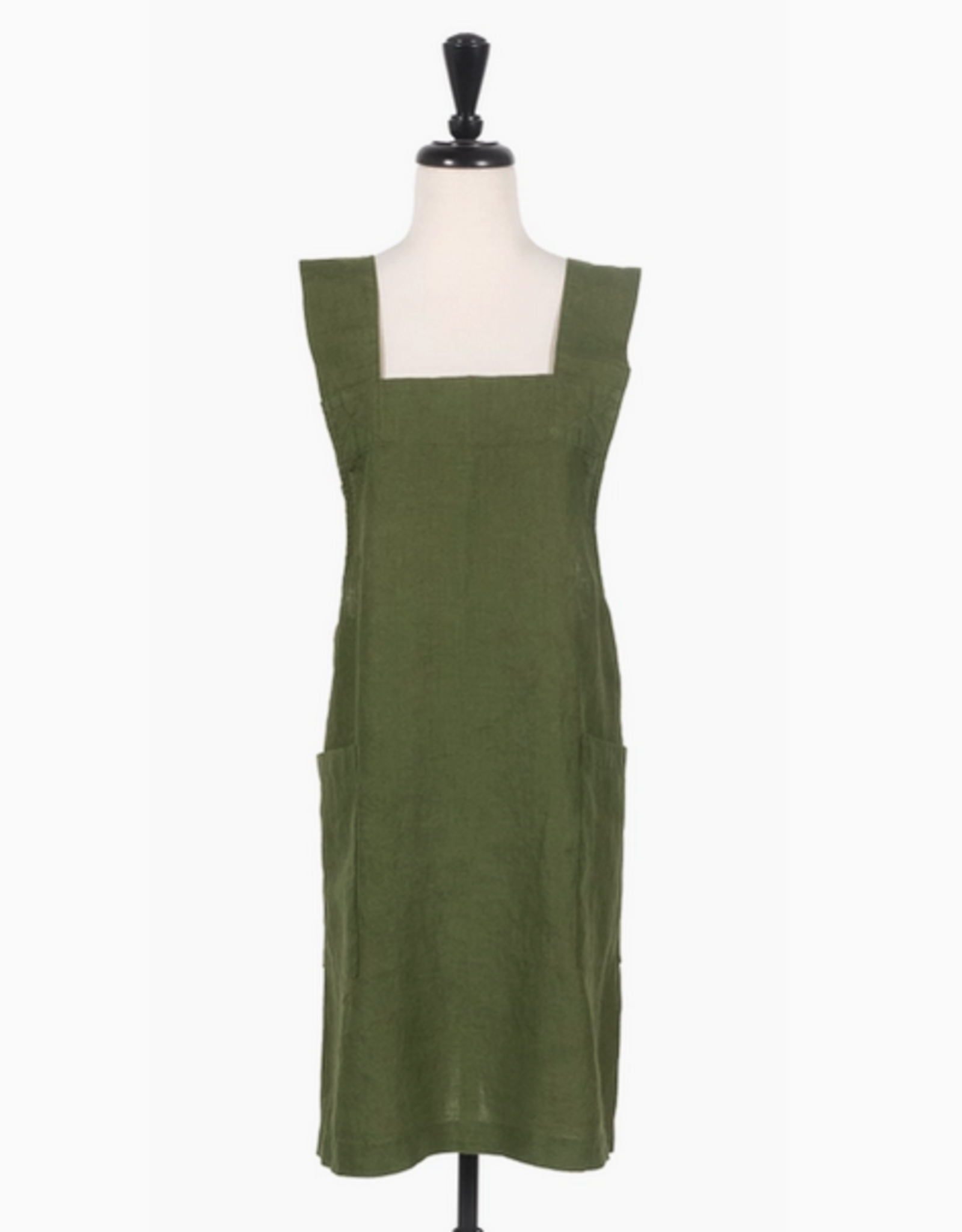 Olive Stone Washed Linen Cross Back Smock Apron