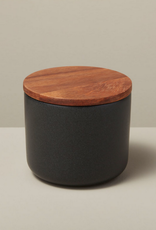 Medium Black Stoneware Container with Acacia Lid D4" H3.75"