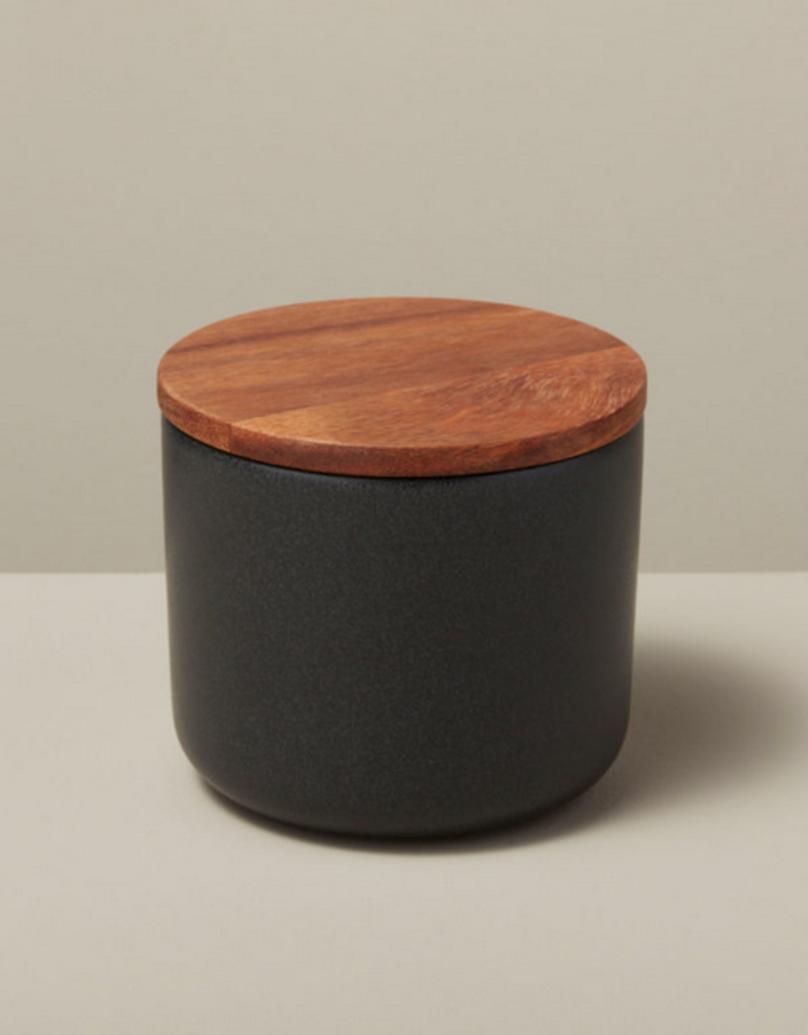 Medium Black Stoneware Container with Acacia Lid D4" H3.75"