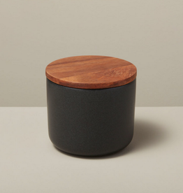 Medium Black Stoneware Container with Acacia Lid D4" H3.75"