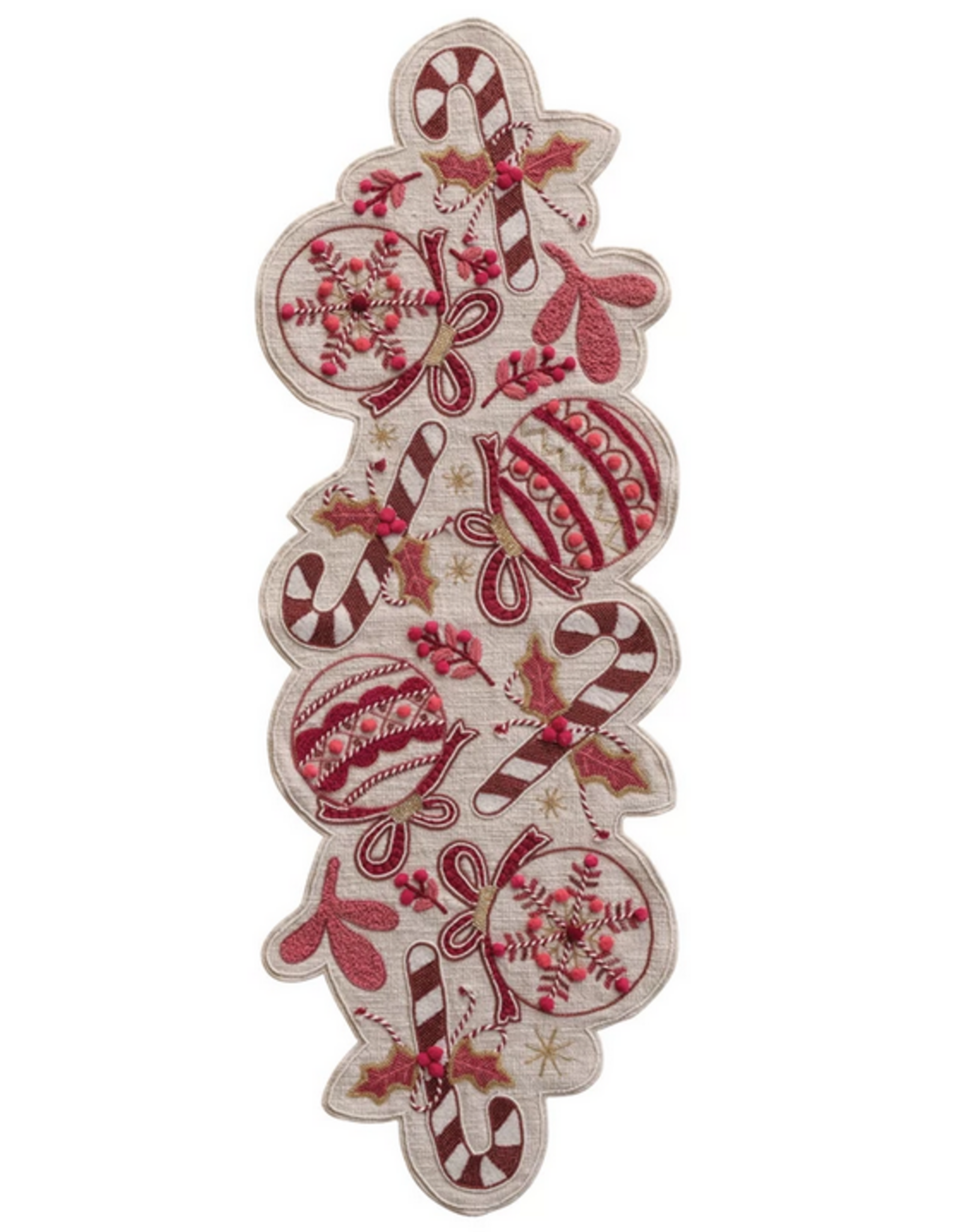 Candy Canes & Ornaments Hand-Embroidered Slub Table Runner L38"