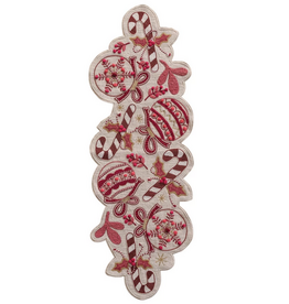 Candy Canes & Ornaments Hand-Embroidered Slub Table Runner L38"