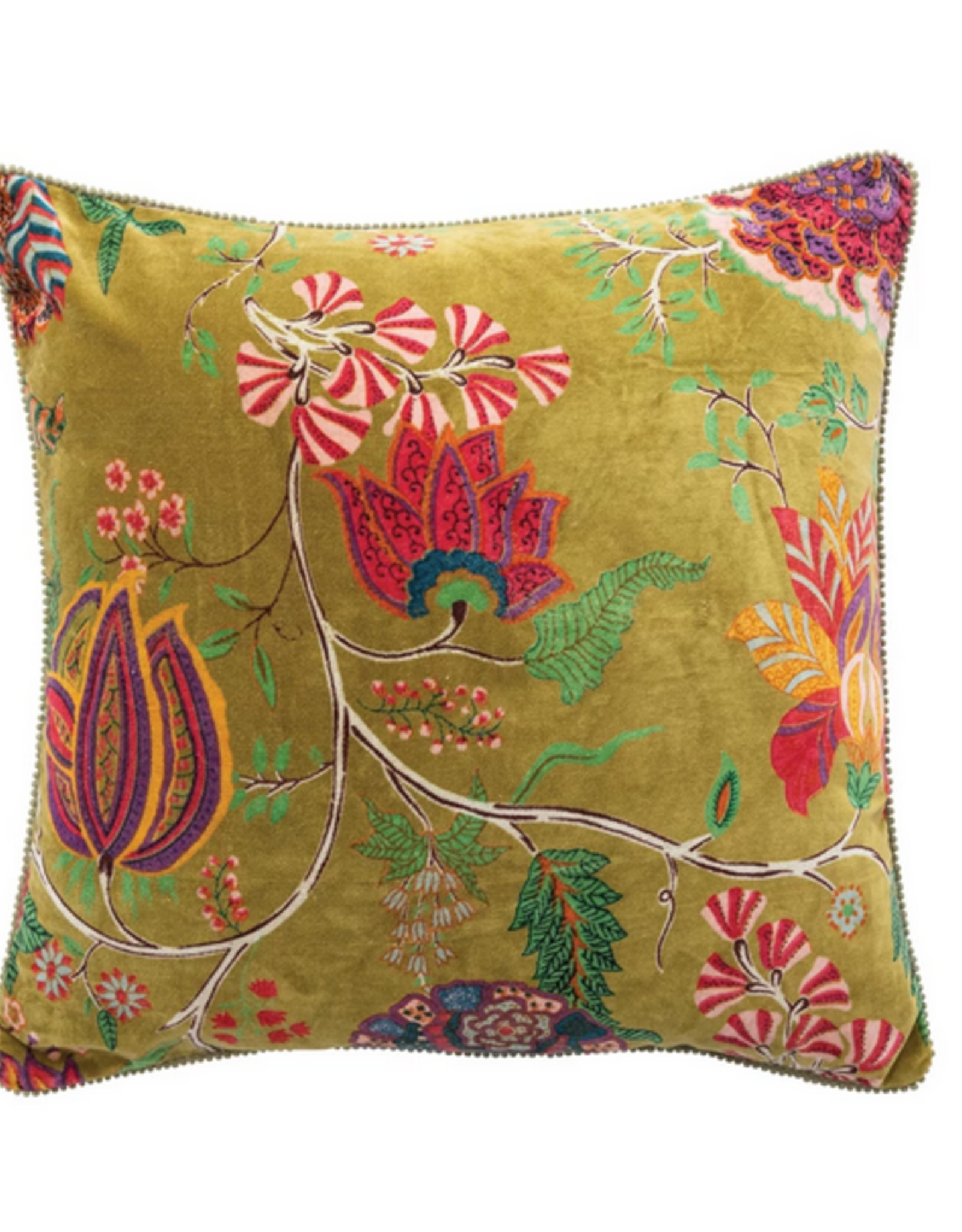 Printed Velvet Pillow with Mini Pom Trim L20"