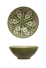 Green with Pattern Handpainted Stoneware Serving Bowl D10.5"