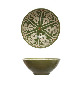 Green with Pattern Handpainted Stoneware Serving Bowl D10.5"