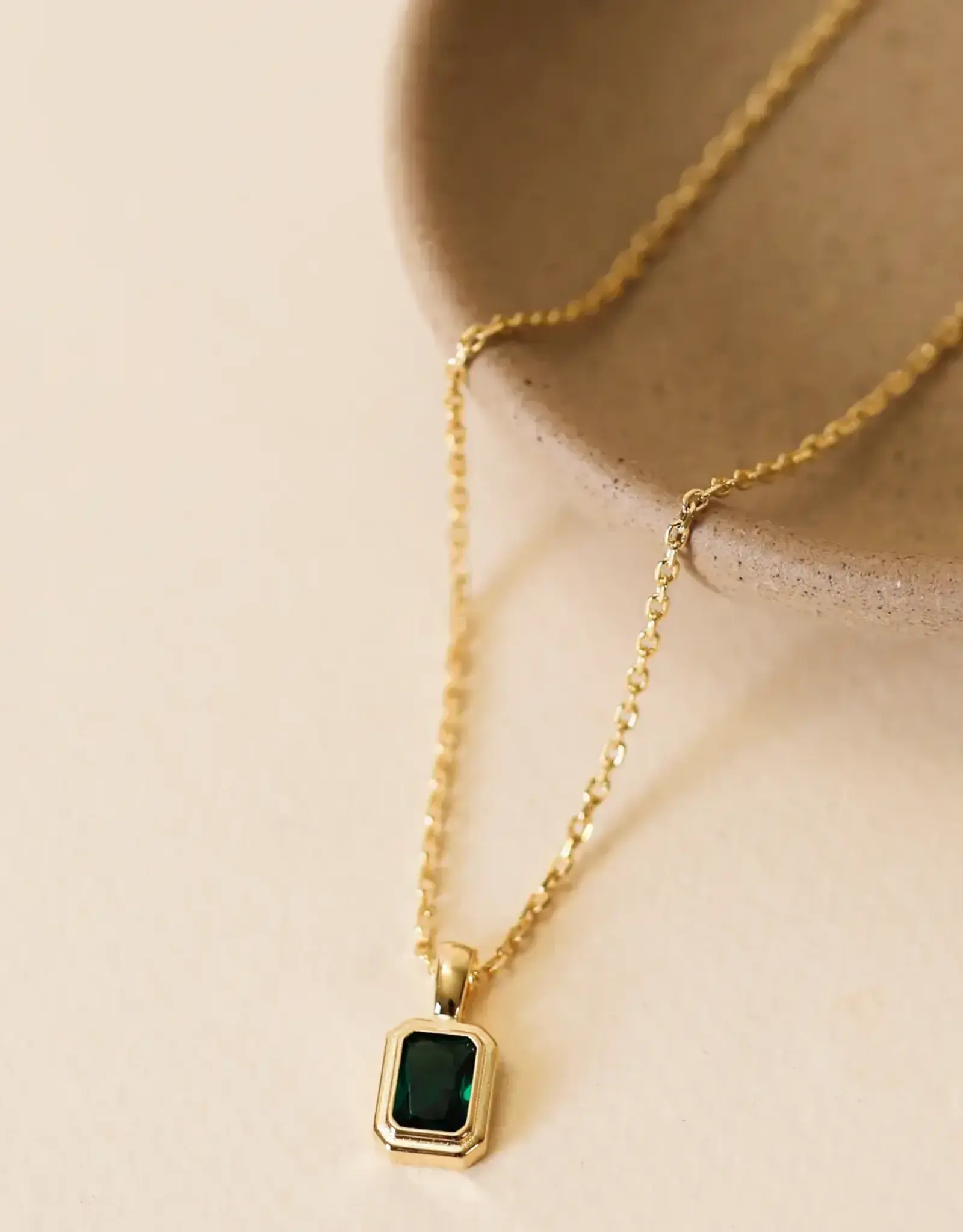 Rectangular Gold Baguette Pendant Necklace - Emerald Green