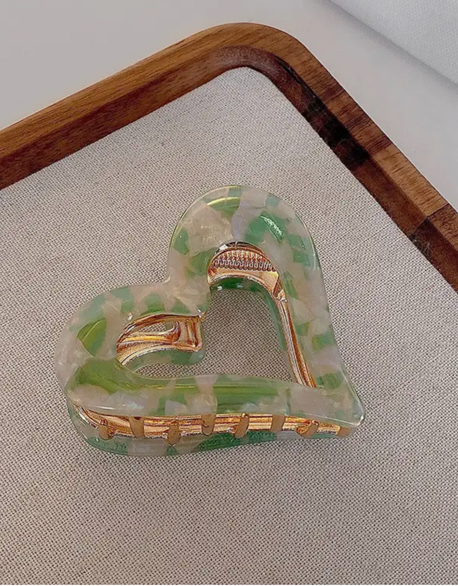 Green Fleck and Gold Heart Claw Clip