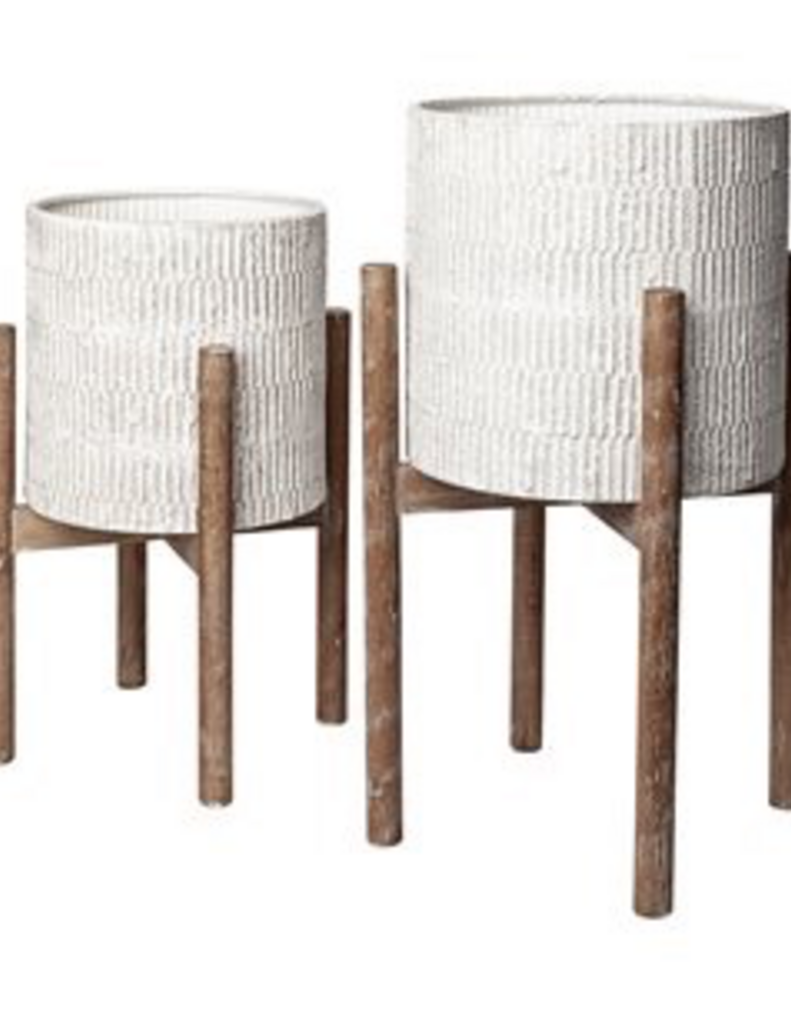 Off White Groot Plant Stand with Wooden Base