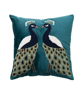 Embroidered Peacocks Velvet Pillow L18"