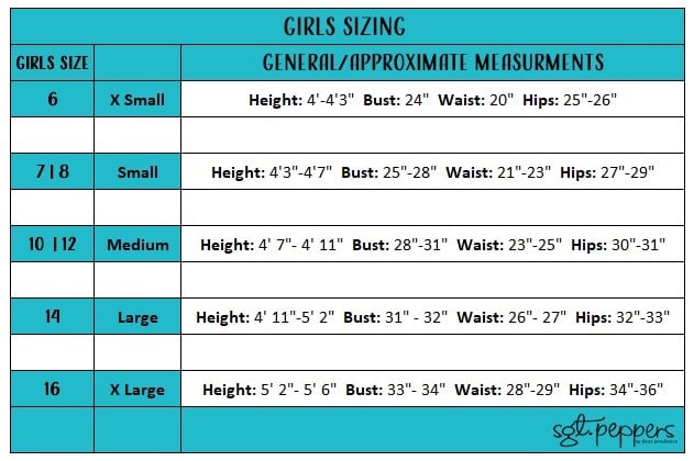 Sgt. Peppers Sizing Chart for Girl and Teen Clothing