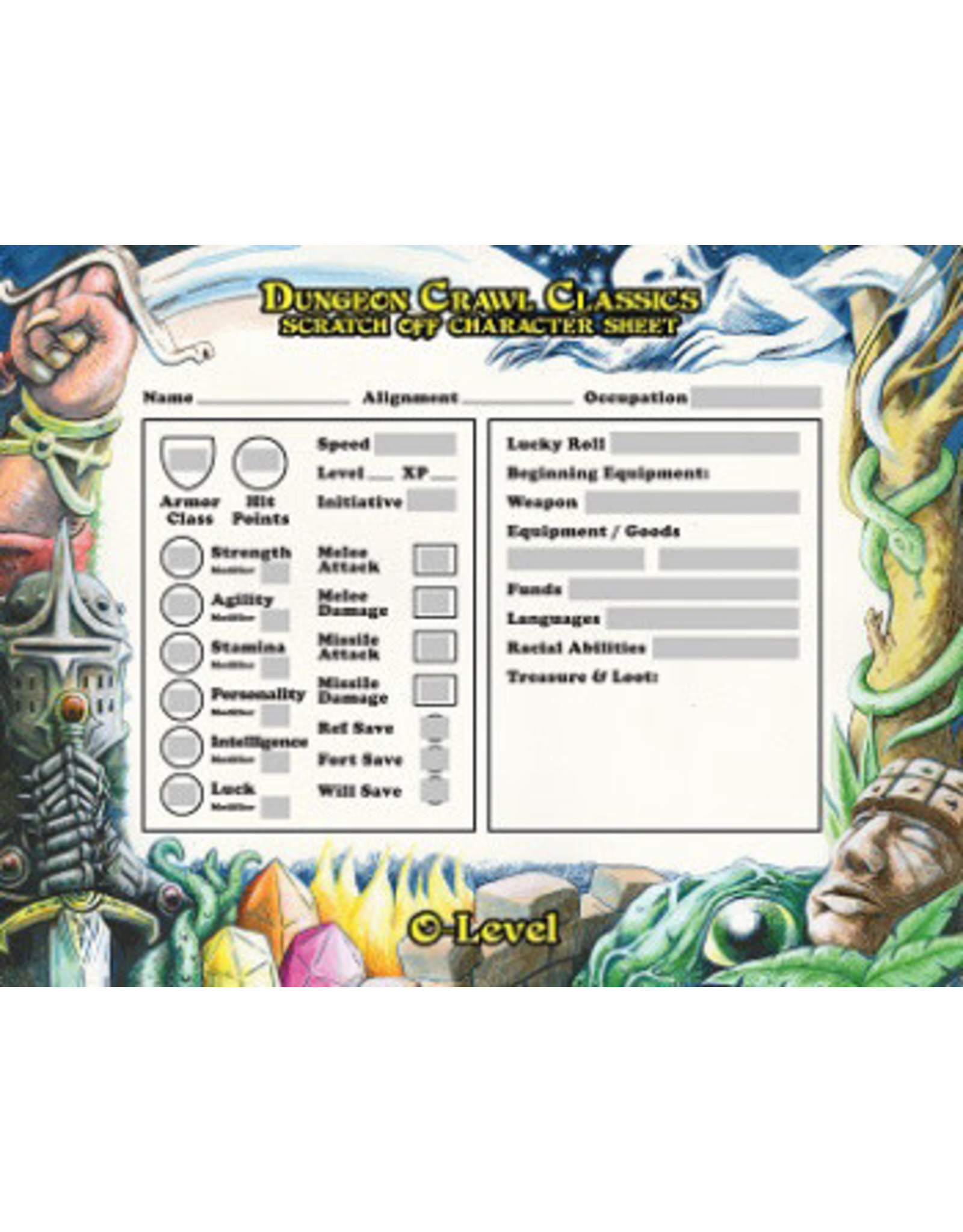 Goodman Games DCC RPG 0-Level Scratch off character sheet