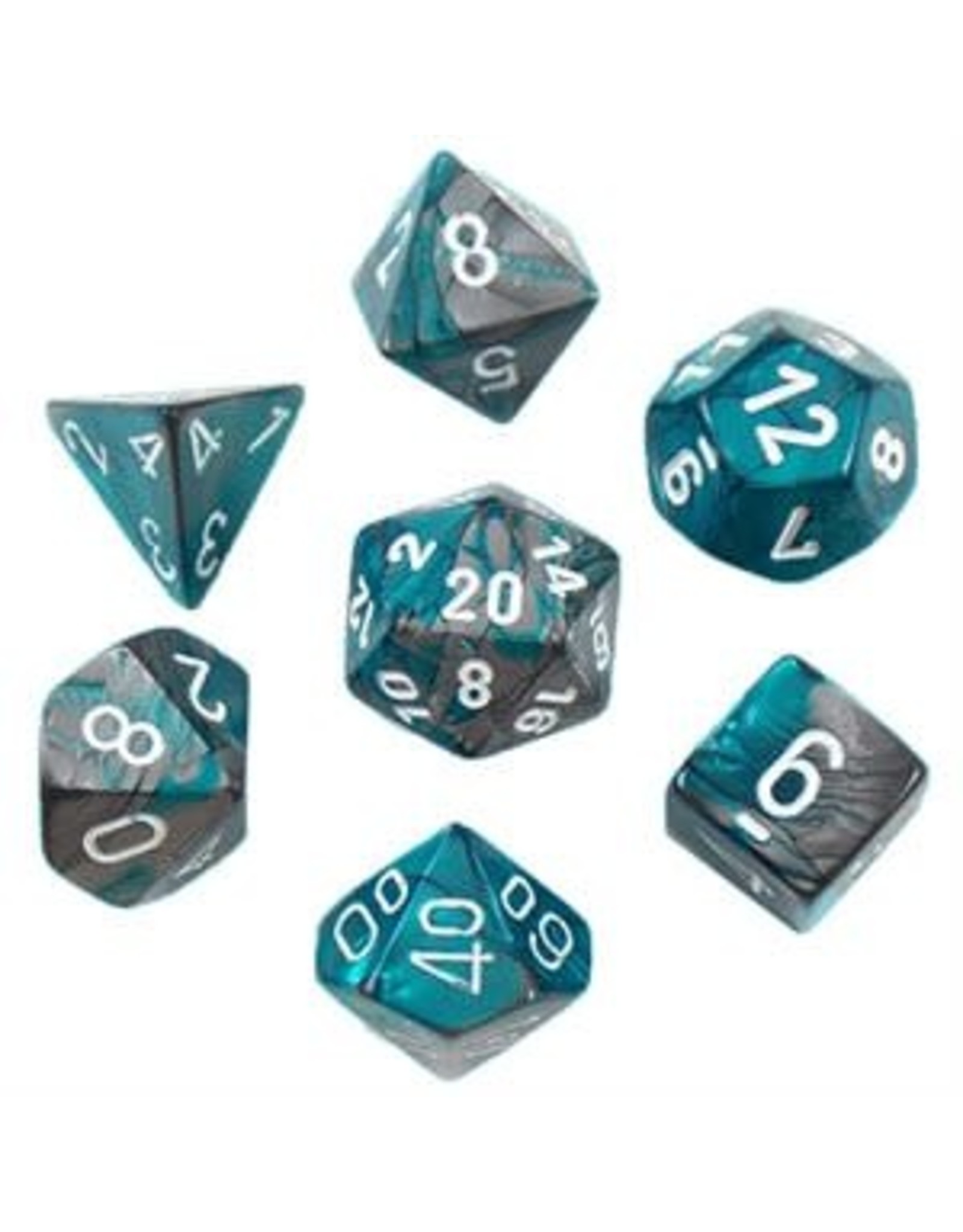 Gemini: Mini 7pc Polyhedral Steel- Teal/White