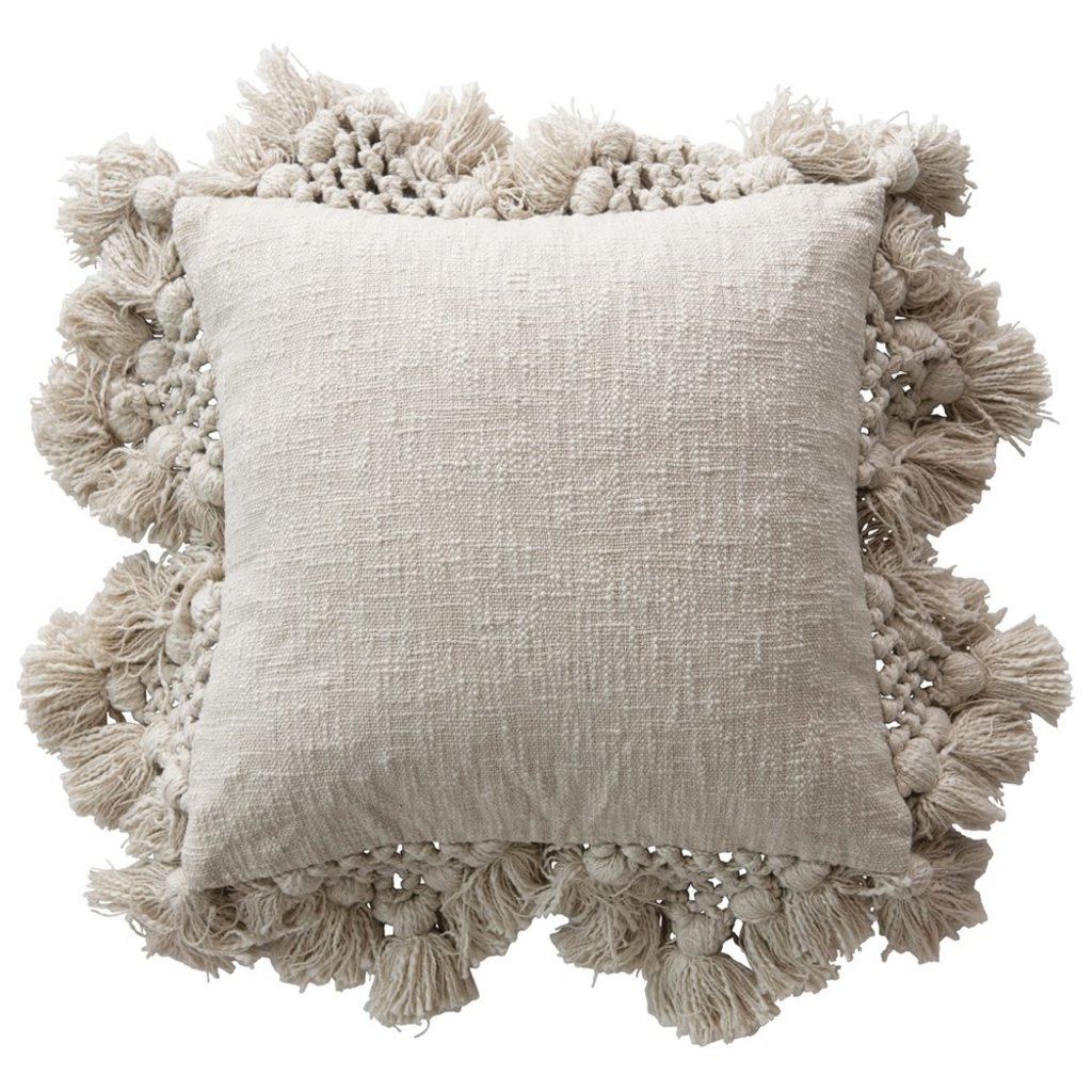 Square Cotton Slub Pillow with Crochet & Tassels, Grey