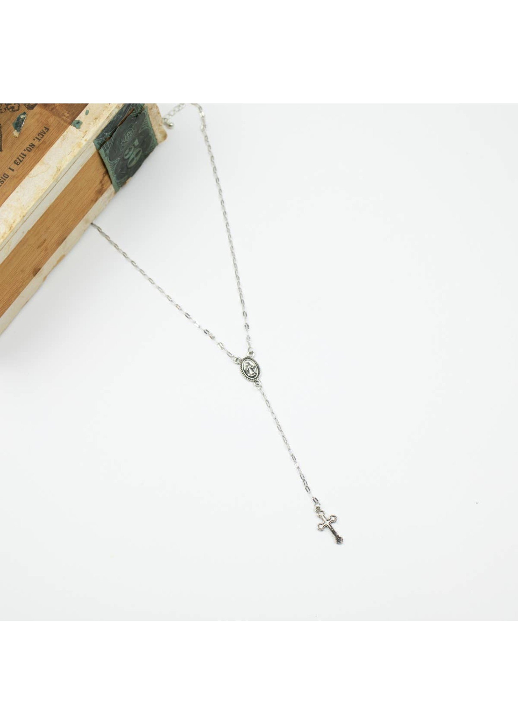 Lariat Style Medallion and Cross Necklace - Silvertone