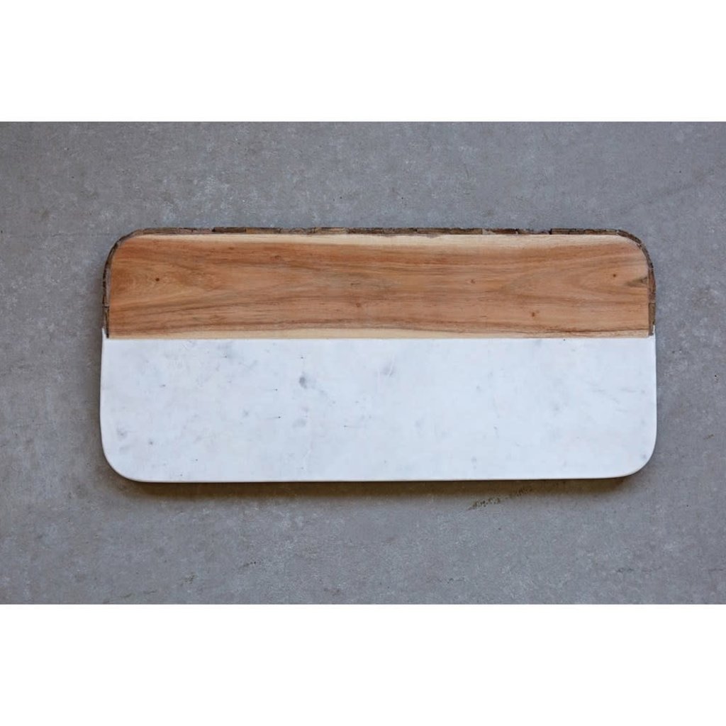 White Marble & Mango Wood Cheese Board w/ Bark Edge (Each One Will Vary)