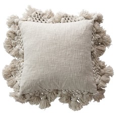 Square Cotton Slub Pillow with Crochet & Tassels, Grey